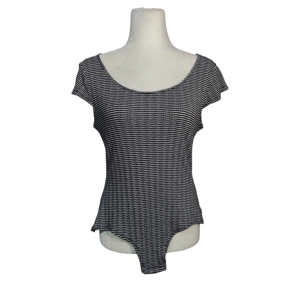 Daily Practice Anthropologie Black White Striped‎ Open Back Bodysuit Top Large